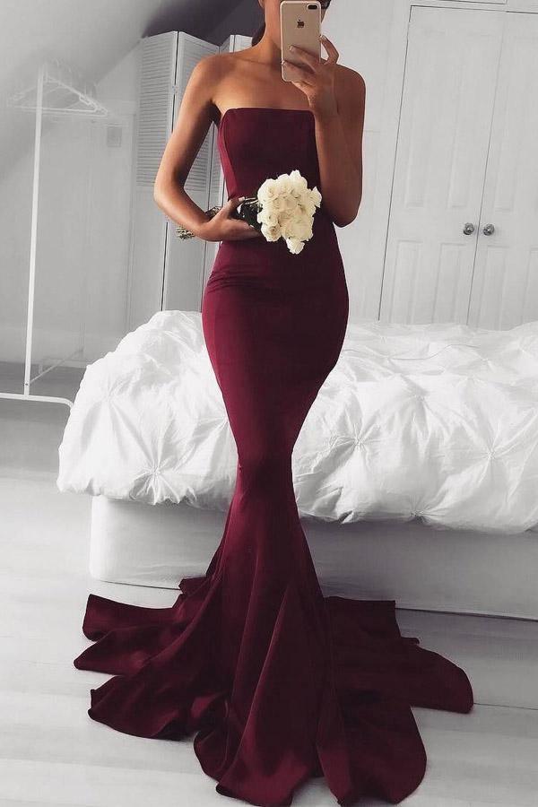 Elegant Strapless Mermaid Long Burgundy Prom Dress Bridesmaid Dress PG397 - Tirdress