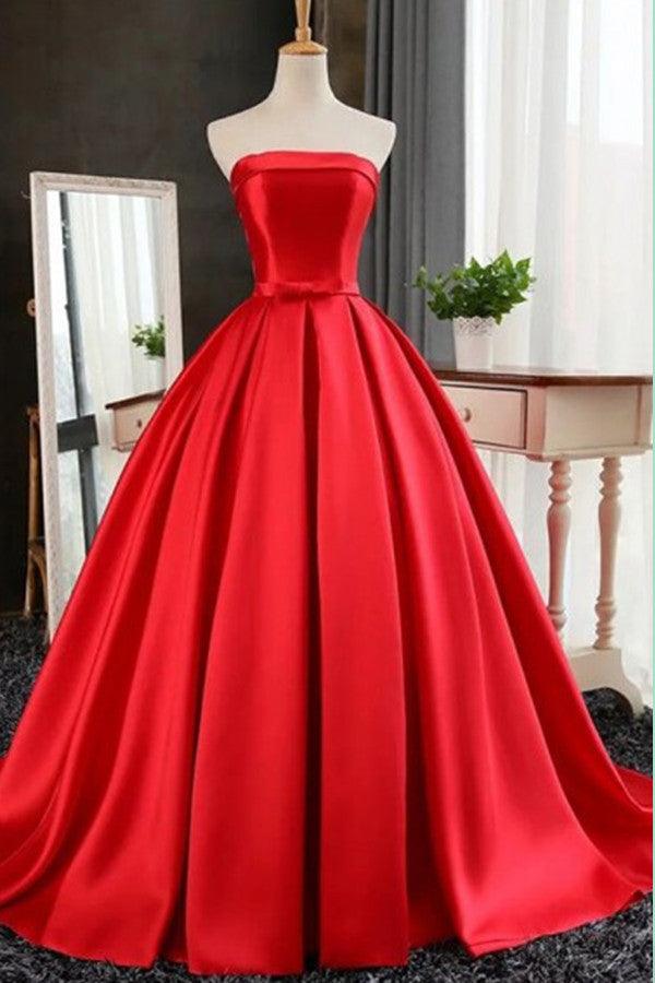 Elegant Strapless Sweep Train Ball Gown Red Pleats Prom Dress With Bow TP0031 - Tirdress