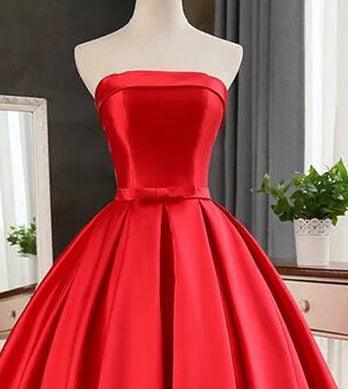 Elegant Strapless Sweep Train Ball Gown Red Pleats Prom Dress With Bow TP0031 - Tirdress
