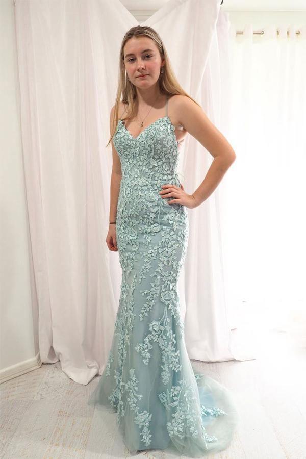Elegant Straps Mermaid Mint Green Long Lace Prom/Evening Dress TP0986 - Tirdress