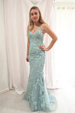 Elegantes Meerjungfrau-Abendkleid mit langen Trägern in Mintgrün und Spitze TP0986