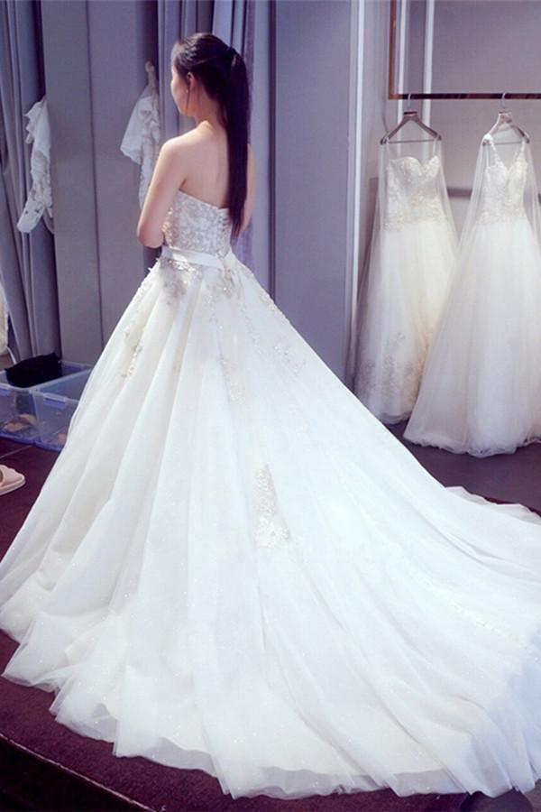 Elegant Sweetheart Beaded Appliques A Line Court Train Wedding Dress WD019 - Tirdress