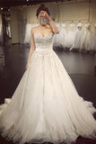 Elegantes, herzförmiges, perlenbesetztes A-Linie-Hochzeitskleid mit Hofschleppe WD019