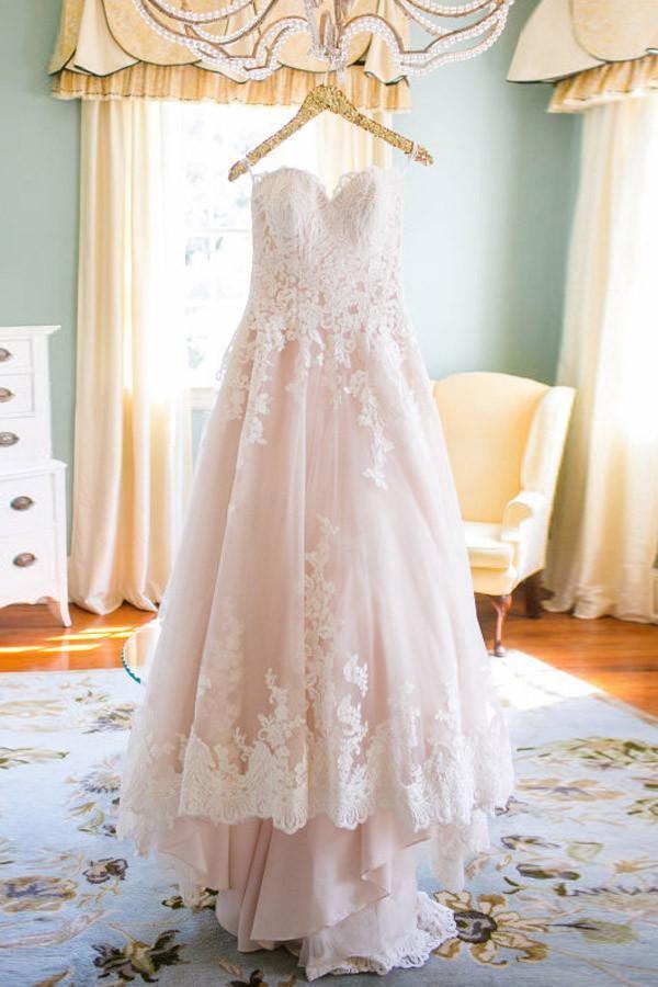 Elegant Sweetheart High Low Blush Wedding Dress with White Lace WD093 - Tirdress