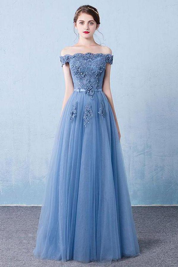 Elegant Tulle Lace Applique Long Prom Dress Blue Evening Dress TP0935 - Tirdress