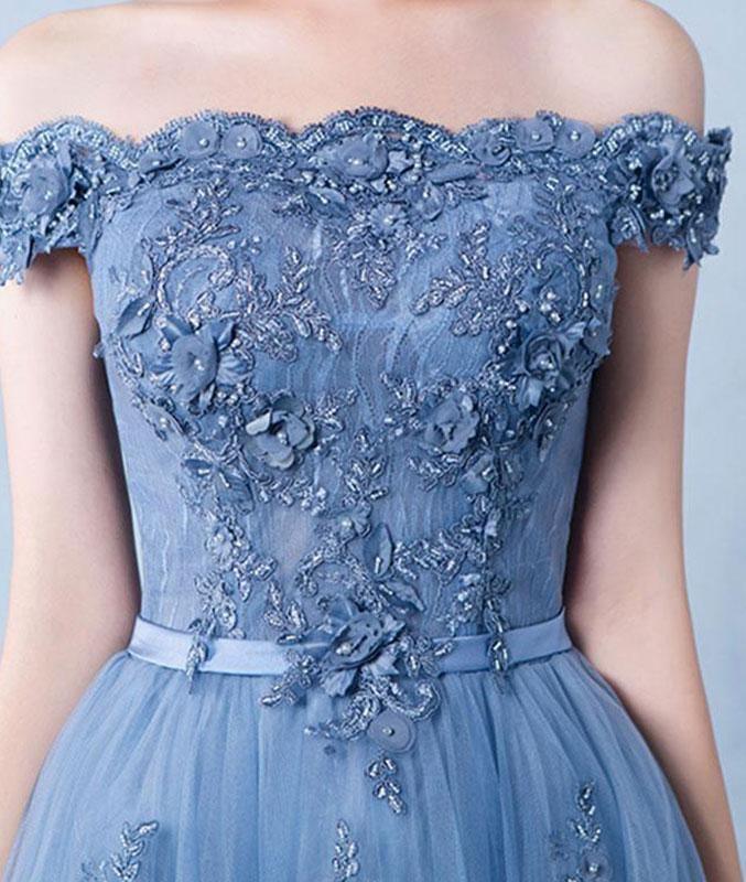 Elegant Tulle Lace Applique Long Prom Dress Blue Evening Dress TP0935 - Tirdress