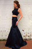 Elegant Two Piece Black Mermaid Sweep Train Prom Dress with Beading PG361