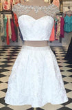 Elegant Two pieces Cap Sleeves White Homecoming Dress With Rhinestones TR0054