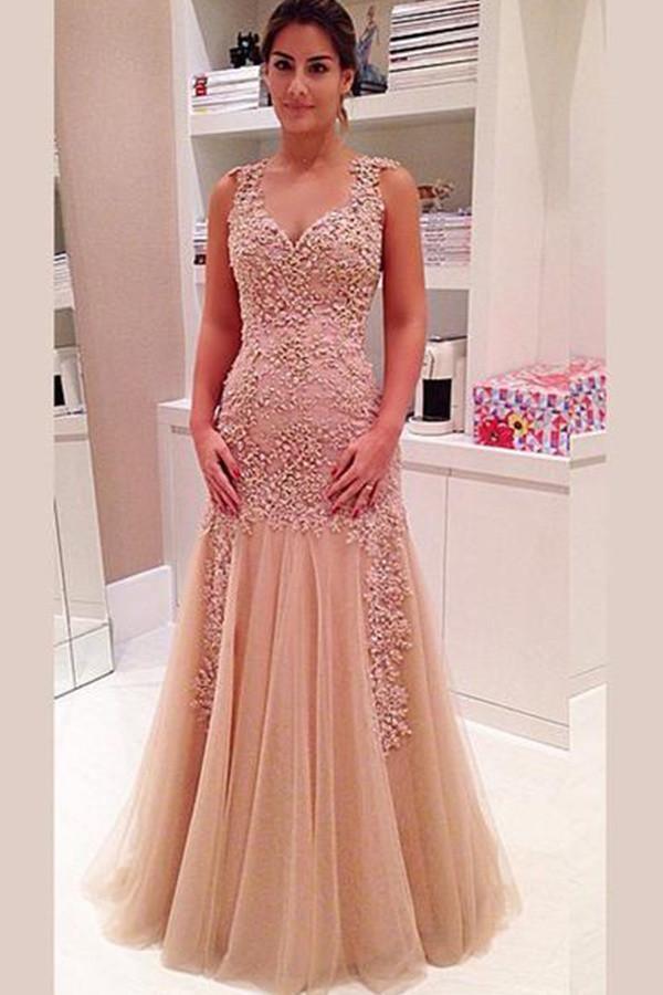 Elegant V-Neck Layers Tulle Prom Dress Sheer Back With Appliques TP0134 - Tirdress