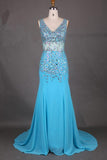 Elegant V-Neck Mermaid Court Train Chiffon Prom Dresses With Beading PG312 - Tirdress