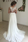Elegant V-neck Cap Sleeves Sweep Train White Wedding Dress With Appliques TN0113 - Tirdress