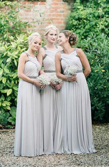 Elegant V-neck Ruched Floor-Length Silver Bridesmaid Dress With Beading TY0028 - Tirdress