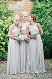 Elegantes, gerafftes, bodenlanges silbernes Brautjungfernkleid mit V-Ausschnitt und Perlenstickerei TY0028
