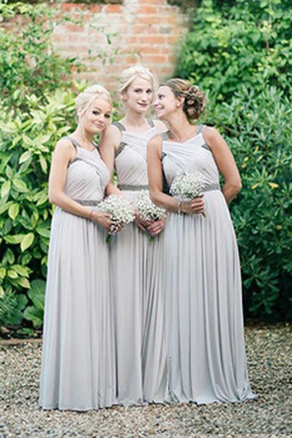 Elegant V-neck Ruched Floor-Length Silver Bridesmaid Dress With Beading TY0028 - Tirdress