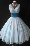 Elegant V-neck Sleeveless Knee-Length Sky Blue Homecoming Dress Ruched TR0078