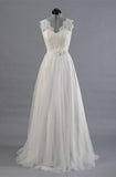 Elegant V-neck Sweep Train White Open Back Lace Wedding Dress TN0009 - Tirdress