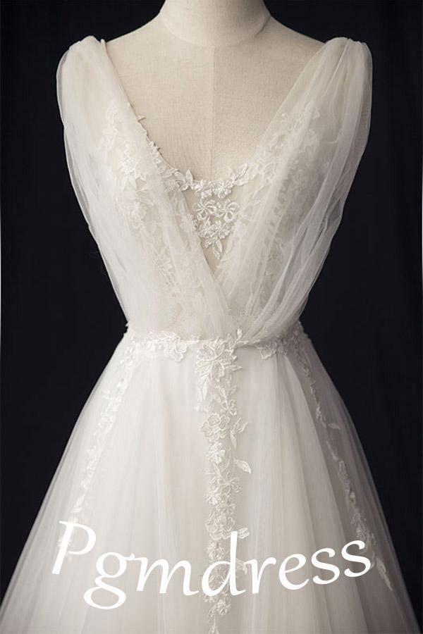 Embroidered V-neck A-line Floor Length Ivory Tulle Wedding Dresses WD178 - Tirdress