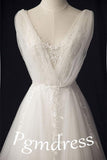 Embroidered V-neck A-line Floor Length Ivory Tulle Wedding Dresses WD178 - Tirdress
