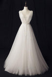 Embroidered V-neck A-line Floor Length Ivory Tulle Wedding Dresses  WD178