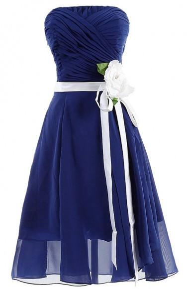 Exquisite Short Chiffon Royal Bridesmaid Dress With Hand-made Flower TY0021 - Tirdress