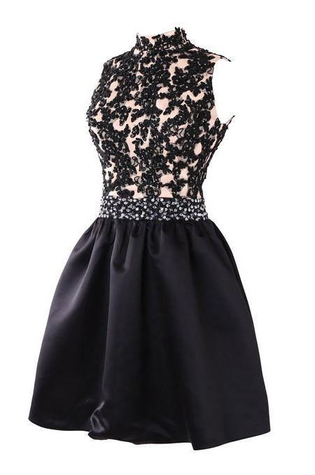 Exquisite Short High Neck Satin Homecoming Dress With Appliques Beaded TR0129 - Tirdress