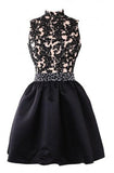 Exquisite Short High Neck Satin Homecoming Dress With Appliques Beaded TR0129 - Tirdress