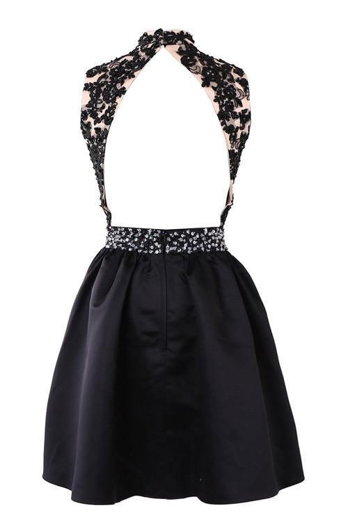 Exquisite Short High Neck Satin Homecoming Dress With Appliques Beaded TR0129 - Tirdress