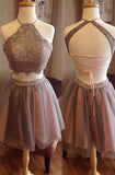 Exquisite Two pieces Open Back Halter Blush Lace Homecoming Dress TR0056