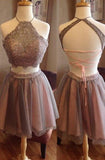 Exquisite Two pieces Open Back Halter Blush Lace Homecoming Dress TR0056 - Tirdress