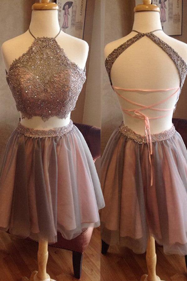 Exquisite Two pieces Open Back Halter Blush Lace Homecoming Dress TR0056 - Tirdress