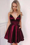 Fabulous Burgundy Satin A-line Spaghetti Straps Homecoming Dresses with Pockets HD0070