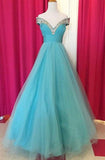 Fabulous Off Shoulder Floor Length Blue Ruched Prom Dress With Beading TP0032 - Tirdress