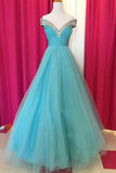 Fabulous Off Shoulder Floor Length Blue Ruched Prom Dress With Beading TP0032