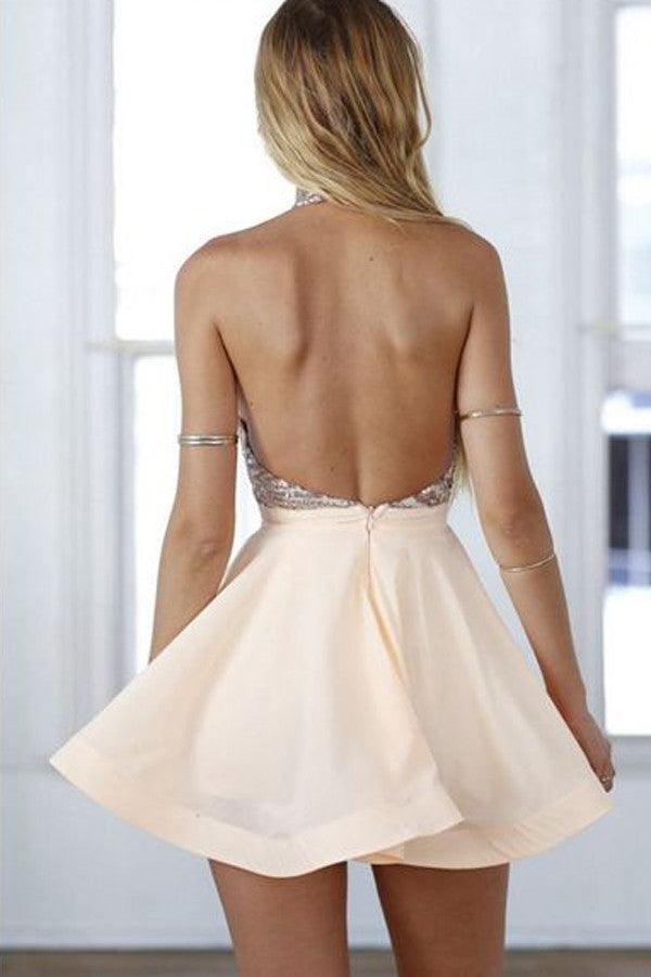 Fancy Halter Open Back Short Homecoming Dress With Beading TR0051 - Tirdress