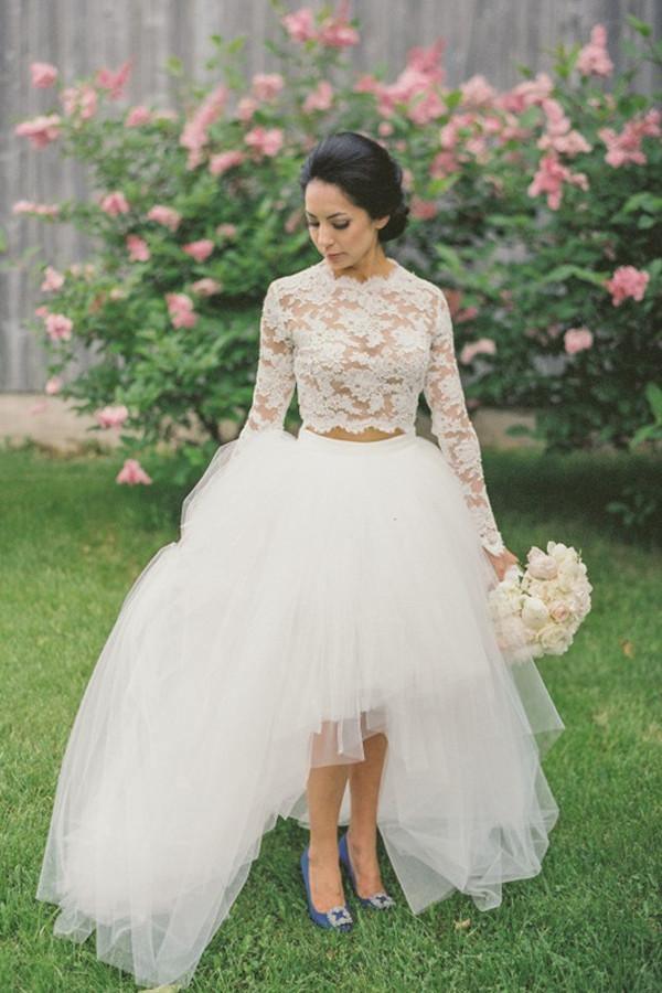 Fancy Two Piece Long Sleeves Hi-Low Organza Wedding Dress Lace Top –