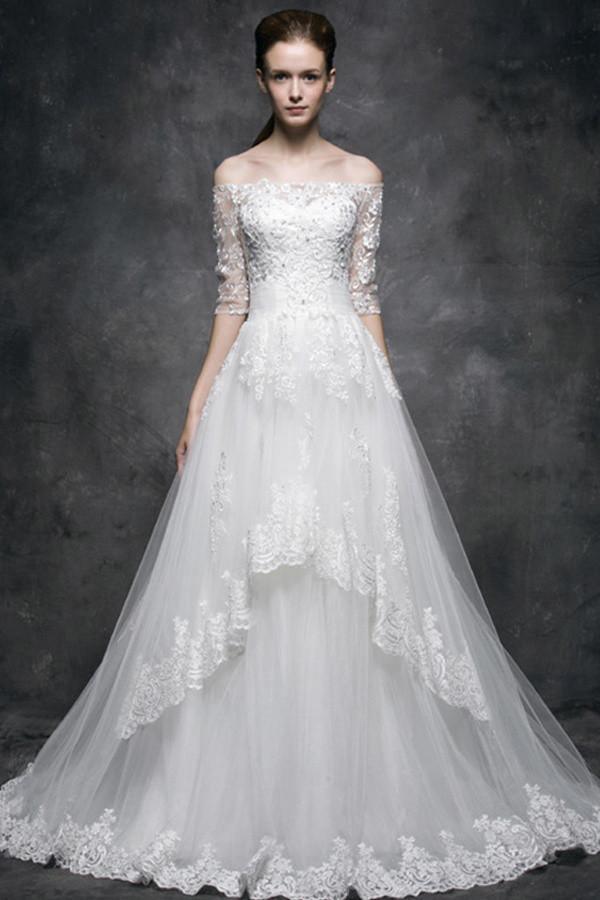 Fashion A-Line Half Sleeveless Wedding Dress With Lace Appliques TN0110 - Tirdress