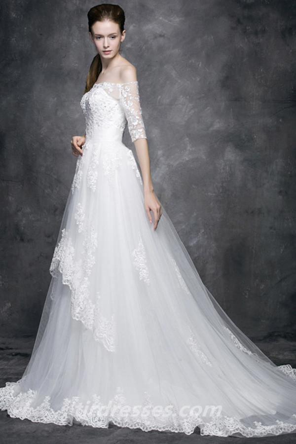 Fashion A-Line Half Sleeveless Wedding Dress With Lace Appliques TN0110 - Tirdress