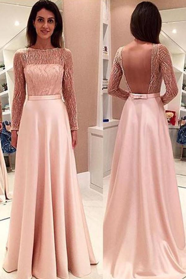 Fashion Elegant Boat Long Sleeves Open Back Sheer Prom Dress TP0132 - Tirdress