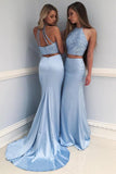 Mode bleu clair col haut perles longue robe de bal, robe de soirée sirène deux pièces TP0879 
