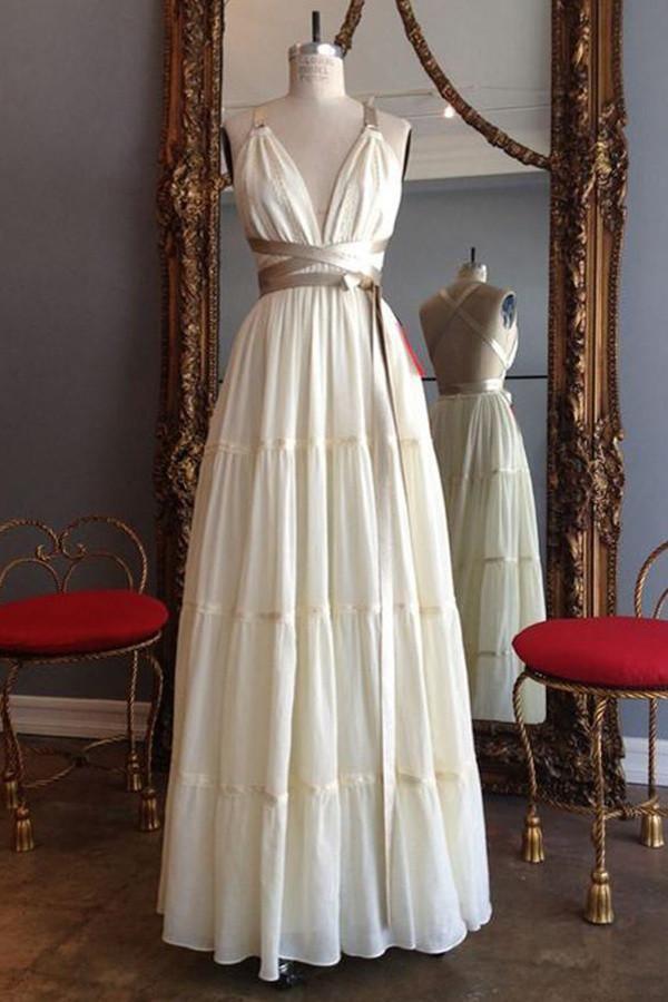 Fashion Simple Deep V-Neck Tie Back Long Prom Dress with Ribbon Belt As Picture / US12 Fashion Simple Deep V-Neck Tie Back Long Prom Dress with Ribbon Belt As Picture / US12