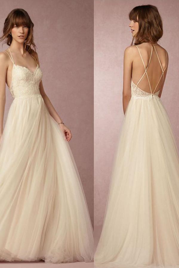 Fashion Simple A-line Brace Lace Backless Straps Wedding Dress TN0107 - Tirdress