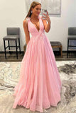 Feathers Backless Pink Plunging V-Neck Tulle Long Formal Dress TP1197