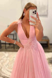 Feathers Backless Pink Plunging V-Neck Tulle Long Formal Dress TP1197 - Tirdress