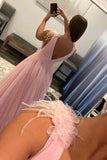 Feathers Backless Pink Plunging V-Neck Tulle Long Formal Dress TP1197 - Tirdress