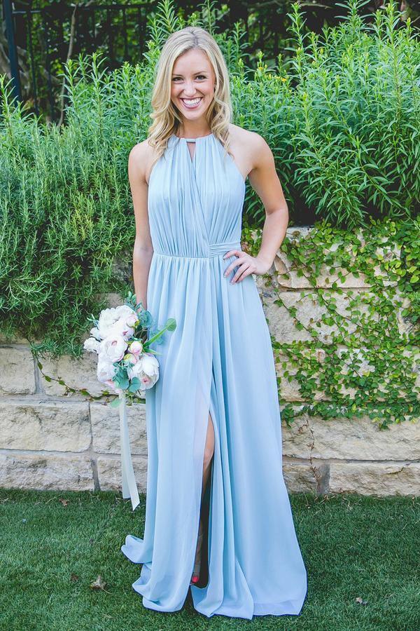 floor length chiffon dress A-Line Bridesmaid Off The Shoulder Slit Pleated Formal Gown COCOMELODY CB0709, Freesia Open Back Lady Black Tie - Kimberly