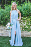 Floor-Length High Split Blue Chiffon Sleeveless Bridesmaid Dress BD038 - Tirdress