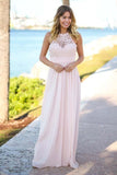 Bodenlanges Brautjungfernkleid aus rosafarbenem Chiffon mit offenem Rücken und Spitze BD031