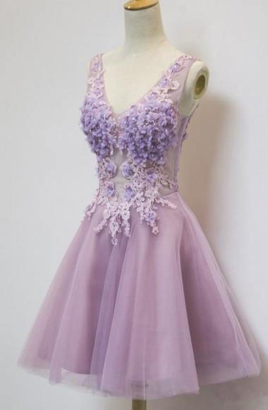 Floral A-line V-neck Knee Length Tulle Homecoming Dress With Appliques TR0139 - Tirdress