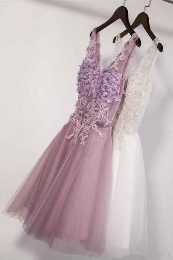 Floral A-line V-neck Knee Length Tulle Homecoming Dress With Appliques TR0139 - Tirdress