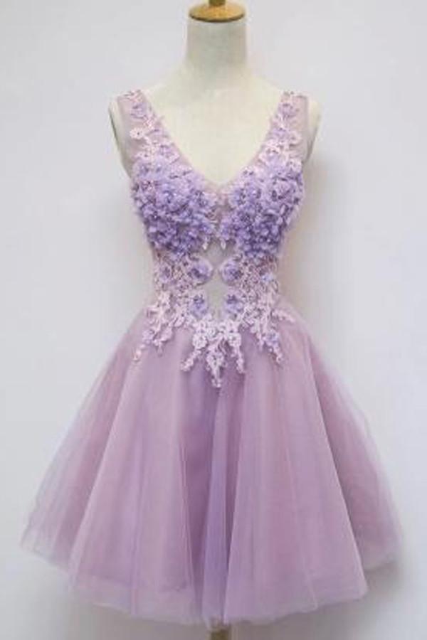 Floral A-line V-neck Knee Length Tulle Homecoming Dress With Appliques TR0139 - Tirdress